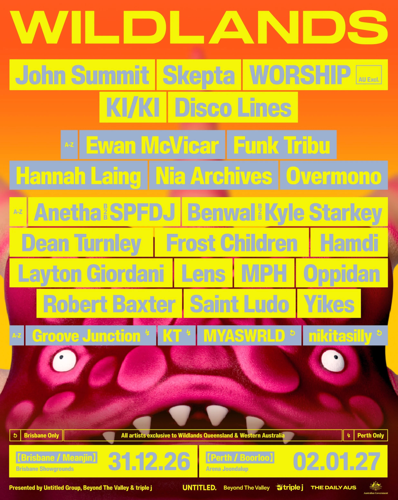 Wildlands Festival poster listing John Summit, Skepta, and Worship lineup for Brisbane on Dec 31, 2026, and Perth on Jan 2, 2027.